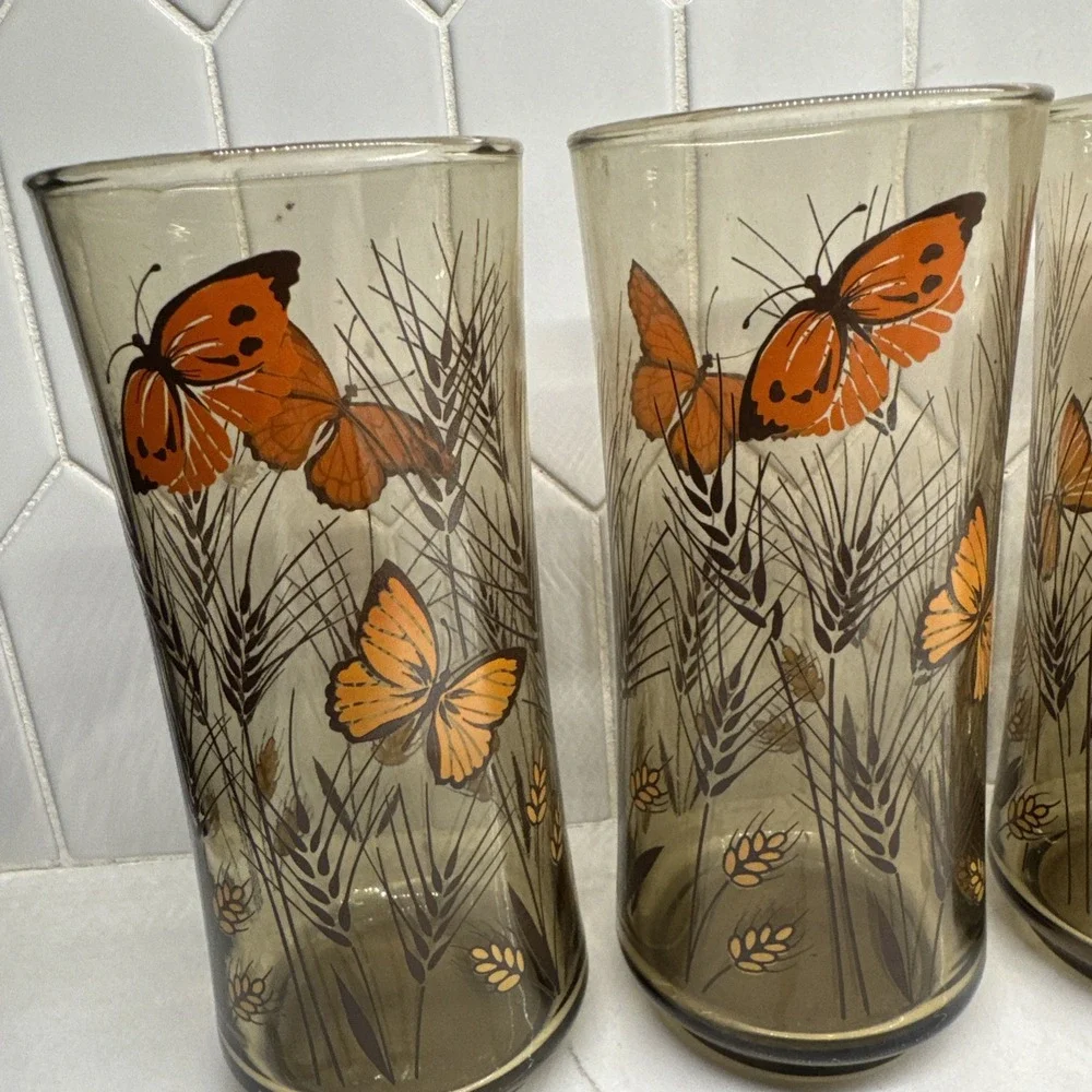 VINTAGE Libbey Amber Monarch Butterfly & Wheat Tumbler Glasses Set of 4